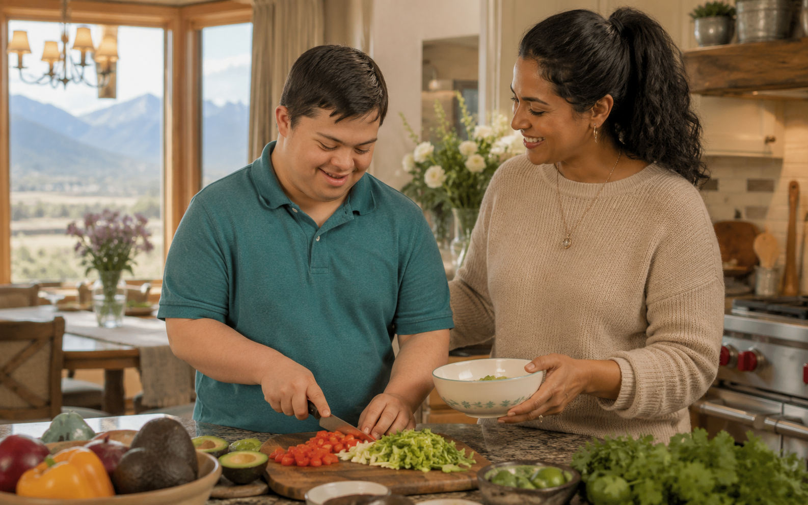 Caring Companion and older adult preparing a meal together at home