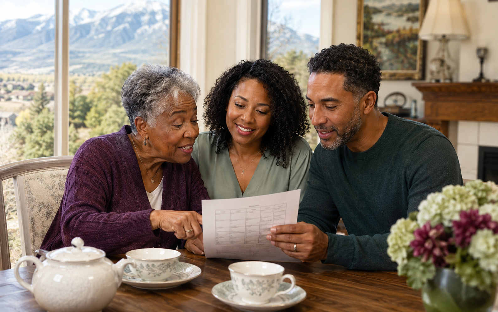 Family reviewing support plans together over tea