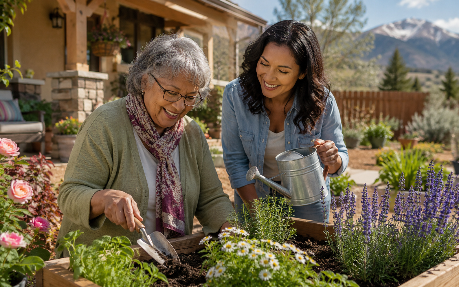Gardening together in a sunny Southern Colorado home garden