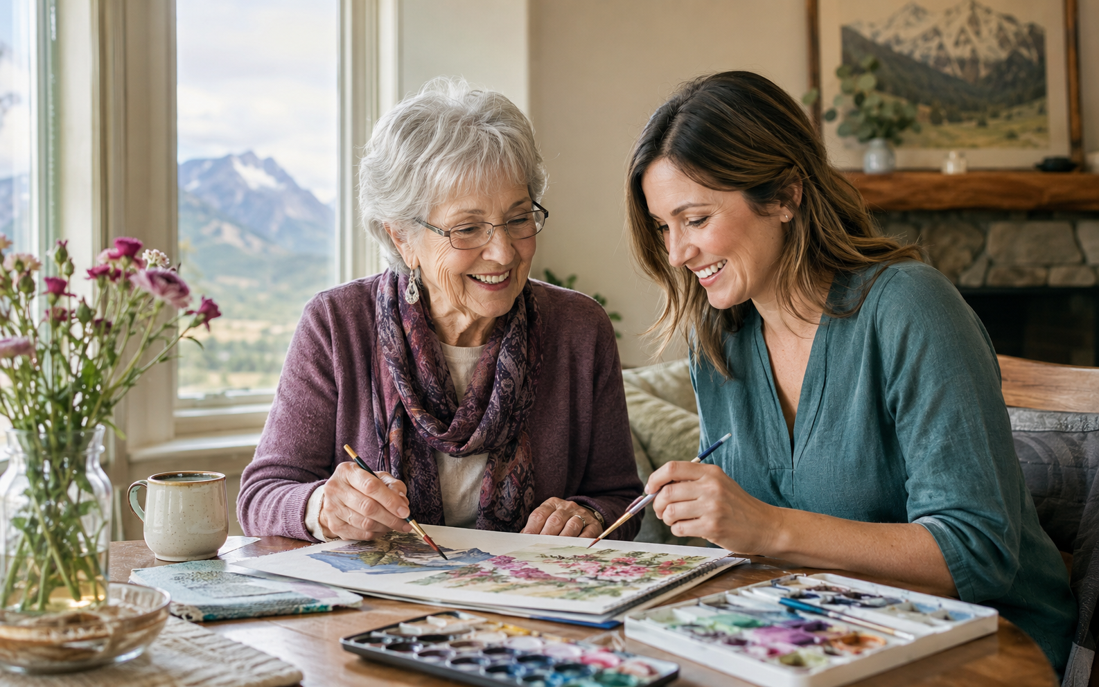Creative companion activity together by a sunny window