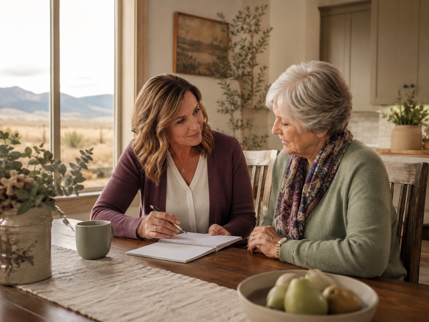 Family Advocate listening with an older adult during a thoughtful planning conversation at home