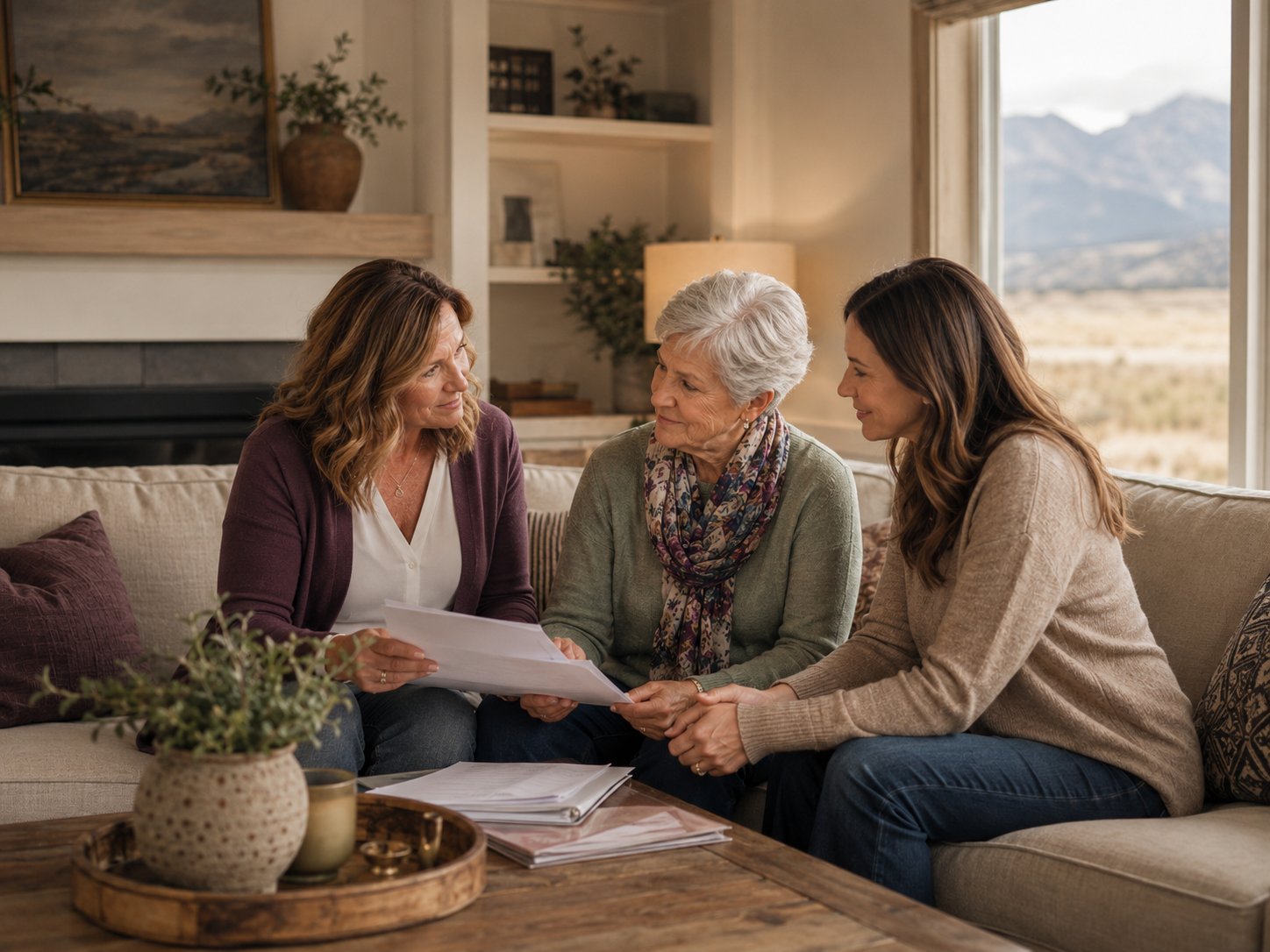 Family discussing in-home care and support options together